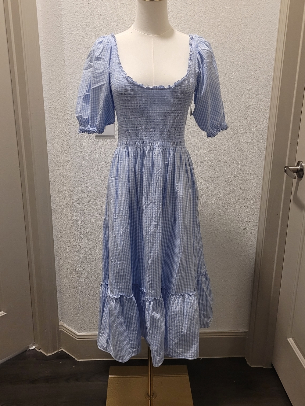 Hill House The Louisa Nap Dress XS Light Blue Gingham Smocked Midi Pockets